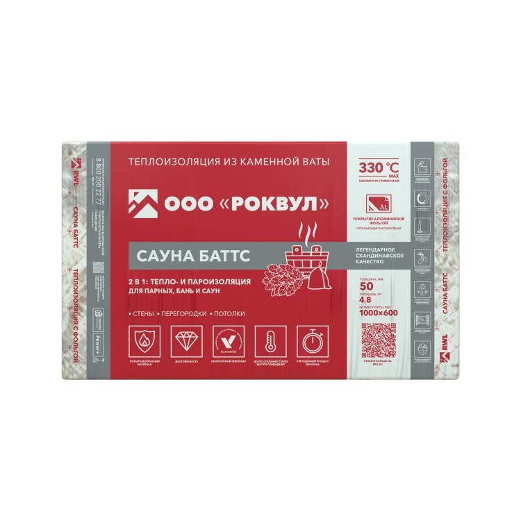 Утеплитель фольгированный Rockwool Сауна Баттс 1000х600х50 мм, 8 шт. уп