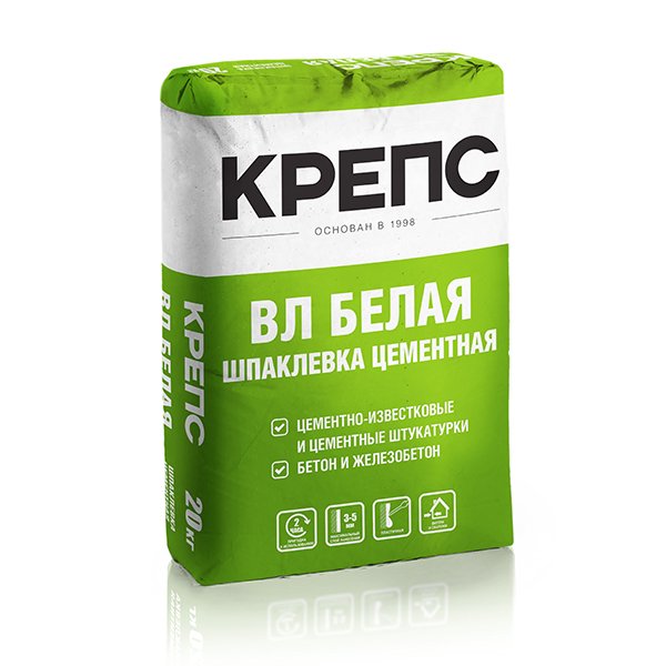 Шпаклевка цементная финишная Крепс ВЛ, белая, 20 кг