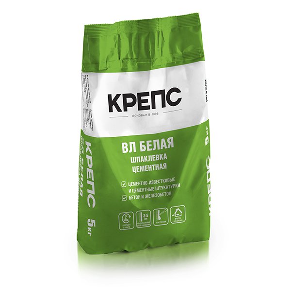 Шпаклевка цементная финишная Крепс ВЛ, белая, 5 кг