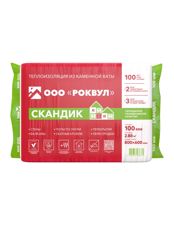 Утеплитель Роквул Лайт Баттс Скандик 800х600х100 мм, 6 шт/уп, 2,88 м²