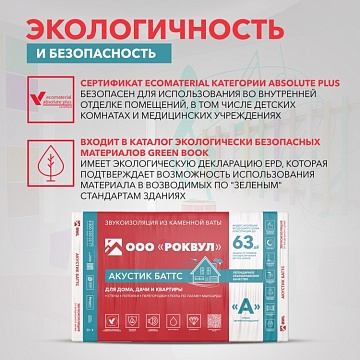 Шумоизоляция Роквул Акустик Баттс для стен, перегородок и потолка, 1000х600х50 мм, 10 шт/уп, 6 м²